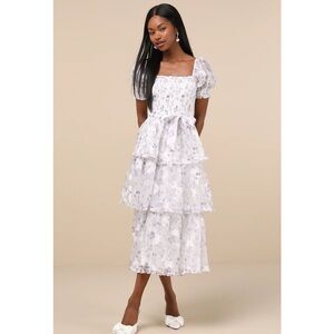 Lulus Darling Posture White Floral Tiered Puff Sleeve Organza Midi Dress NWT XL